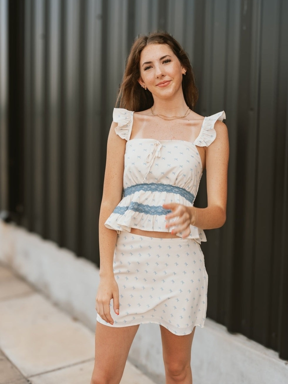 Women's Cream Mini Skirt Set with Blue Print